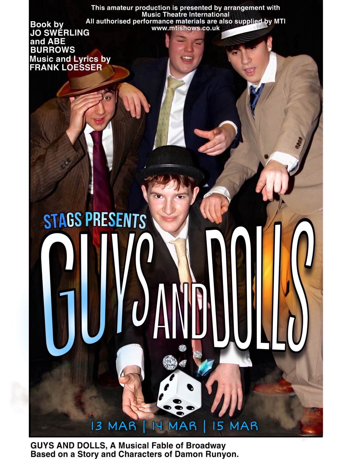 Poster for Guys and Dolls - four characters wearing suits, ties and hats throw dice